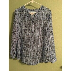 Liz Claiborne Petite Size PL Sheer Blue & White Print Long Sleeve Top Tunic